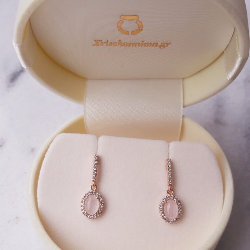 Ροζ χρυσά κρεμαστά σκουλαρίκια Κ14 με χαλαζία