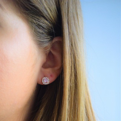 Ροζ χρυσά σκουλαρίκια cushion Κ14 με ζιργκόν