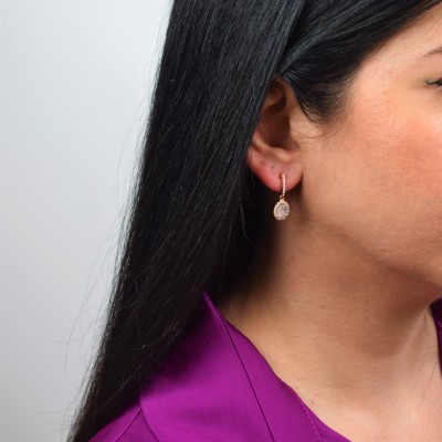 Ροζ χρυσά κρεμαστά σκουλαρίκια Κ14 με χαλαζία