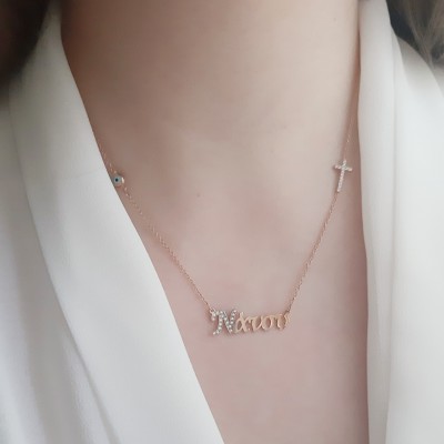 Ροζ χρυσό κολιέ όνομα Κ14 με ματάκι και σταυρουδάκι