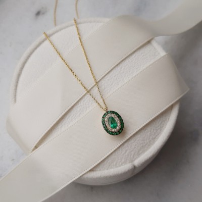 Χρυσό κολιέ Κ18 με σμαράγδια και διαμάντια