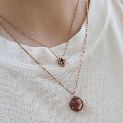 Ασημένιο κολιέ με σταυρό 925 σε ροζ χρώμα