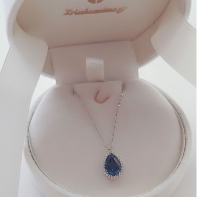Λευκόχρυσο κολιέ Κ18 με London Blue Topaz και διαμάντια