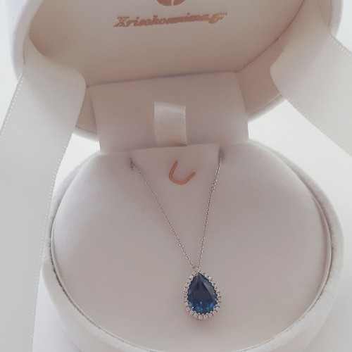 Λευκόχρυσο κολιέ Κ18 με London Blue Topaz και διαμάντια