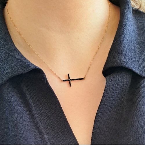 Ασημένιο κολιέ με σταυρό 925 σε ροζ χρώμα