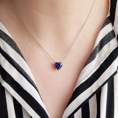 Λευκόχρυσο κολιέ καρδιά Κ14 με συνθετικό τανζανίτη