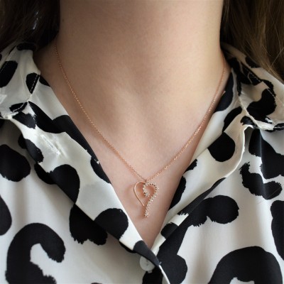 Κολιέ καρδιά από ροζ χρυσό Κ14 με ζιργκόν