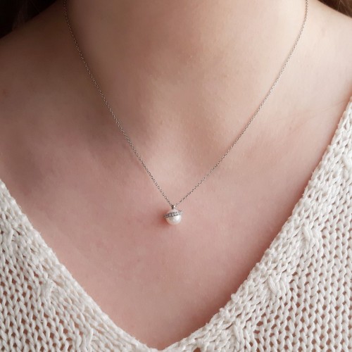 Λευκόχρυσο κολιέ Κ14 με μαργαριτάρι και ζιργκόν