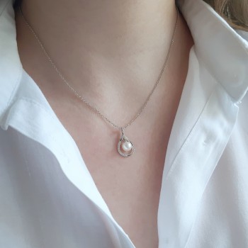 Λευκόχρυσο κολιέ Κ14 με μαργαριτάρι και ζιργκόν