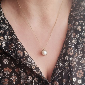 Χρυσό κολιέ Κ14 με μαργαριτάρι και ζιργκόν