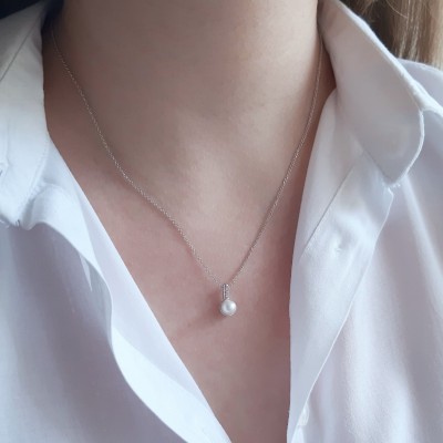 Κολιέ λευκόχρυσό Κ14 με μαργαριτάρι και ζιργκόν