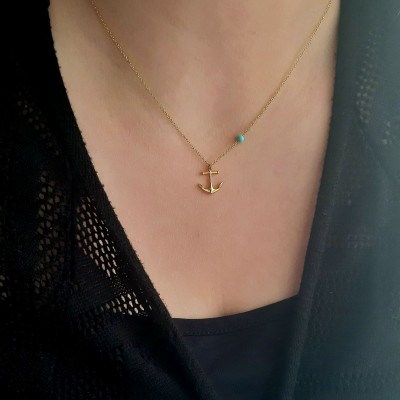 Χρυσό κολιέ άγκυρα Κ14 με τιρκουάζ