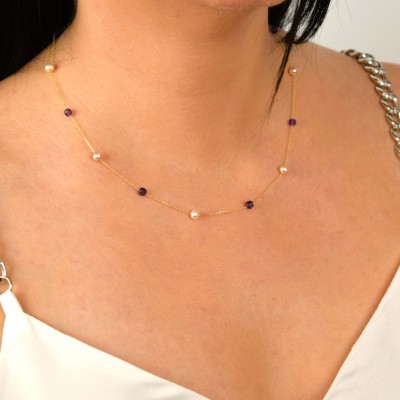 Χρυσό κολιέ Κ14 με ροζ μαργαριτάρια και αμέθυστο