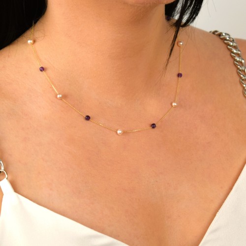 Χρυσό κολιέ Κ14 με ροζ μαργαριτάρια και αμέθυστο