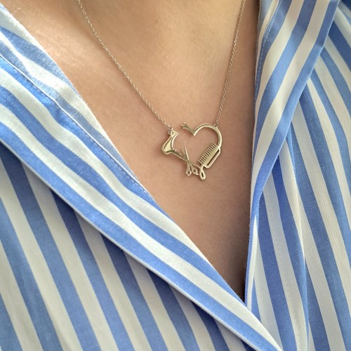 Ασημένιο κολιέ χτένα, πιστολάκι μαλλιών και ψαλίδι 925