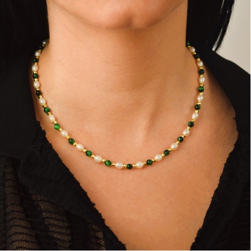 Κολιέ με μαργαριτάρια, αιματίτη, μάτι της τίγρης και χρυσό κούμπωμα Κ14