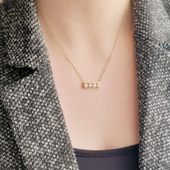 Χρυσό κολιέ μπάρα Κ14 με πέρλες και ζιργκόν