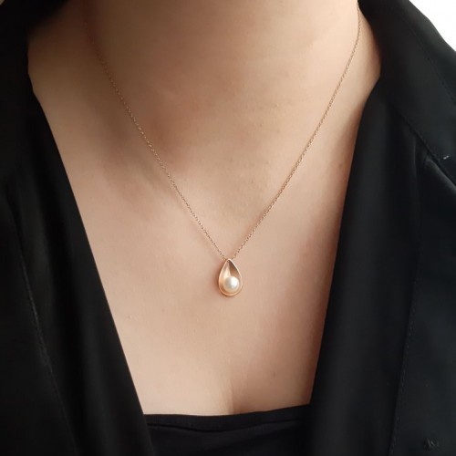 Ροζ χρυσό κολιέ σταγόνα Κ14 με μαργαριτάρι