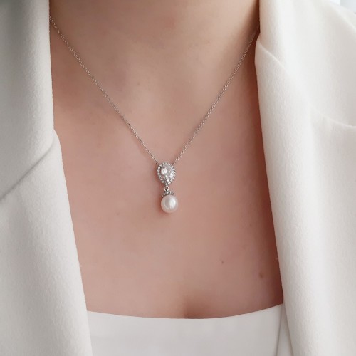 Λευκόχρυσο νυφικό κολιέ Κ14 με μαργαριτάρι