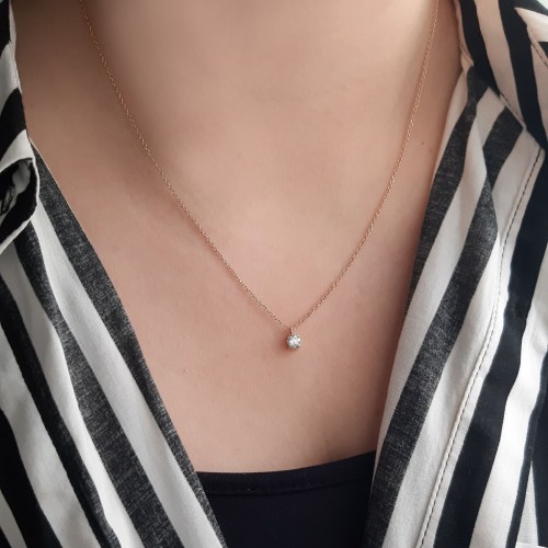 Ροζ χρυσό κολιέ μονόπετρο Κ14 με ζιργκόν