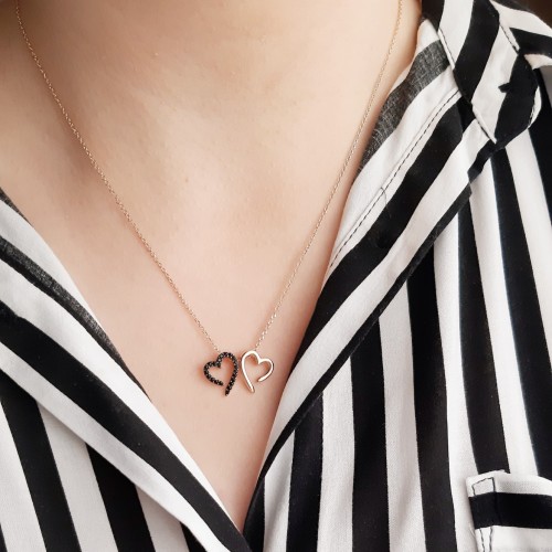 Κολιέ καρδιές ροζ χρυσό Κ14 με ζιργκόν