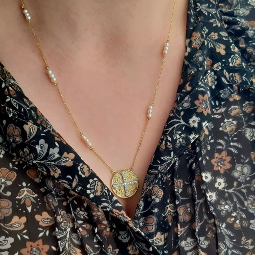 Χρυσό κωνσταντινάτο κολιέ Κ14 με πέρλες