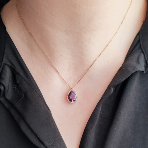 Κολιέ σταγόνα από ροζ χρυσό Κ18 με αμέθυστο και διαμάντια