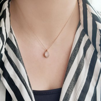 Ροζ χρυσό κολιέ σταγόνα Κ14 με χαλαζία