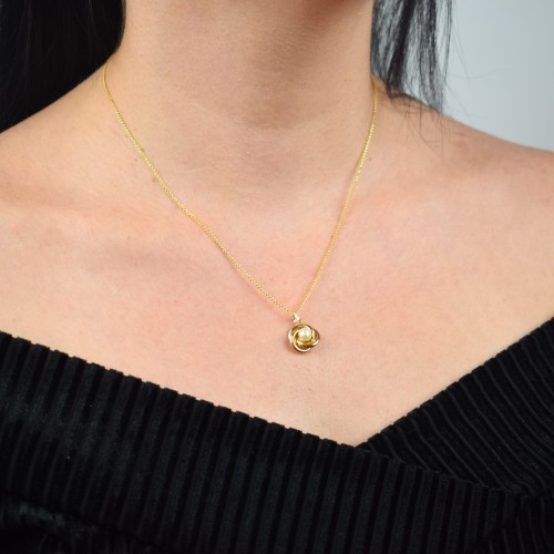 Χρυσό μενταγιόν κόμπος Κ14 με Akoya μαργαριτάρι και αλυσίδα