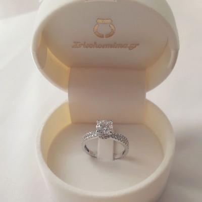 Λευκόχρυσο μονόπετρο δαχτυλίδι Κ14 με ζιργκόν
