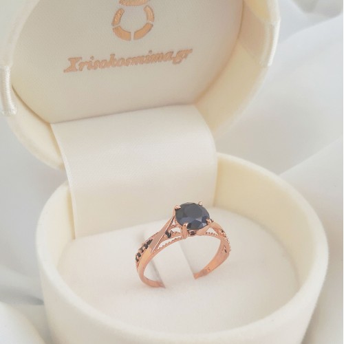 Μονόπετρο δαχτυλίδι από ροζ χρυσό Κ14 με μαύρα ζιργκόν