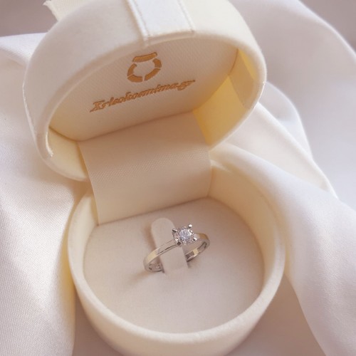 Κλασικό μονόπετρο δαχτυλίδι από λευκό χρυσό Κ14 με ζιργκόν