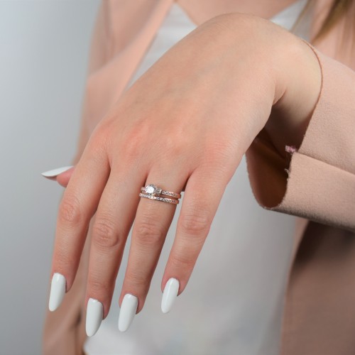 Ροζ χρυσό μονόπετρο και μισόβερο δαχτυλίδι Κ14 με ζιργκόν