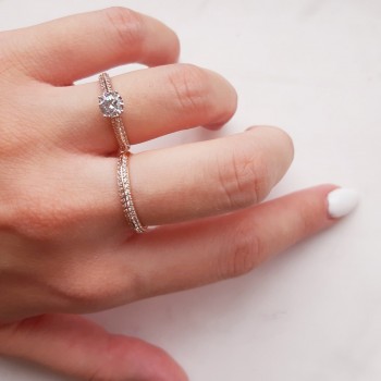 Ροζ χρυσό μονόπετρο και μισόβερο δαχτυλίδι Κ14 με ζιργκόν