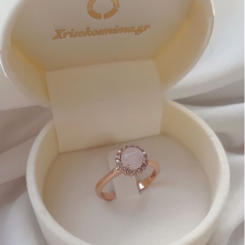 Δαχτυλίδι ροζέτα από ροζ χρυσό Κ14 με ορυκτό χαλαζία