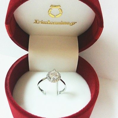 Μονόπετρο ροζέτα λευκόχρυσο Κ14