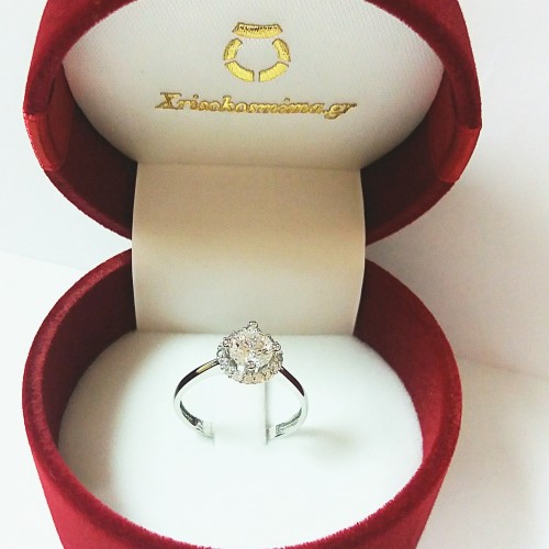 Μονόπετρο ροζέτα λευκόχρυσο Κ14