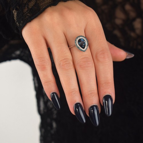 Λευκόχρυσο δαχτυλίδι Κ18 με London Blue Topaz και διαμάντια