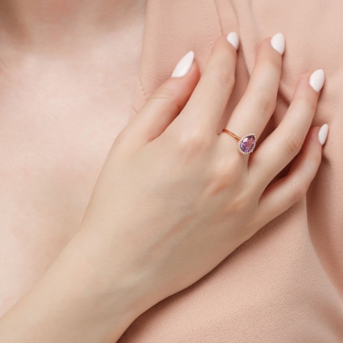 Δαχτυλίδι από ροζ χρυσό Κ18 με ορυκτό αμέθυστο και brilliant