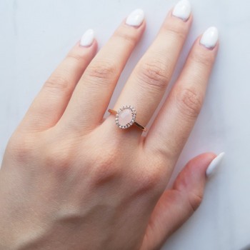 Ροζέτα οβάλ ροζ χρυσό δαχτυλίδι Κ14 με χαλαζία