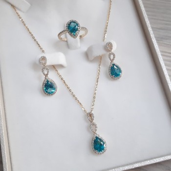 Χρυσό σετ κοσμημάτων Κ14 με κολιέ, σκουλαρίκια, δαχτυλίδι