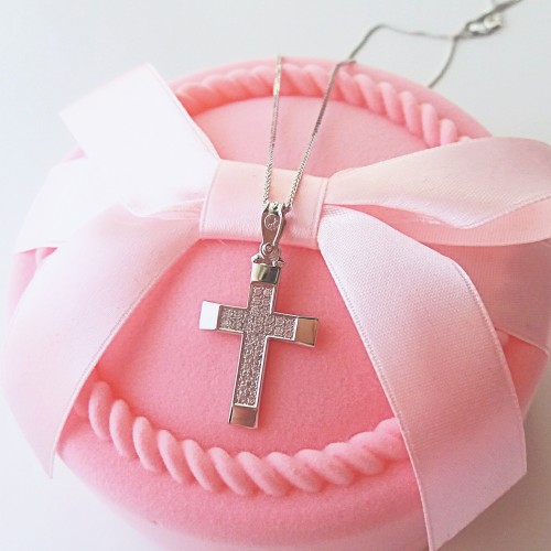 Λευκόχρυσος βαπτιστικός σταυρός Κ14 με αλυσίδα