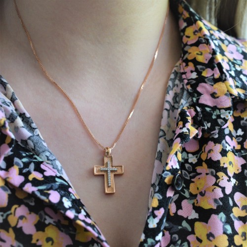 Μασίφ βαπτιστικός σταυρός από ροζ χρυσό Κ14 με αλυσίδα