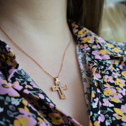 Μασίφ βαπτιστικός σταυρός από ροζ χρυσό Κ14 με αλυσίδα
