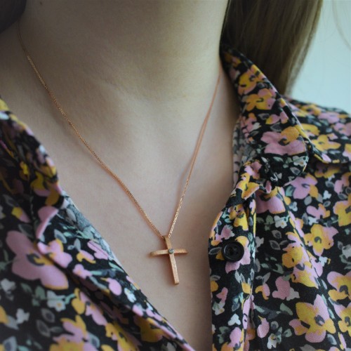 Ροζ χρυσός σταυρός Κ14 με αλυσίδα