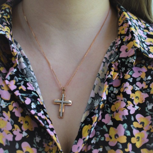 Μασίφ σταυρός από ροζ χρυσό Κ14 με αλυσίδα