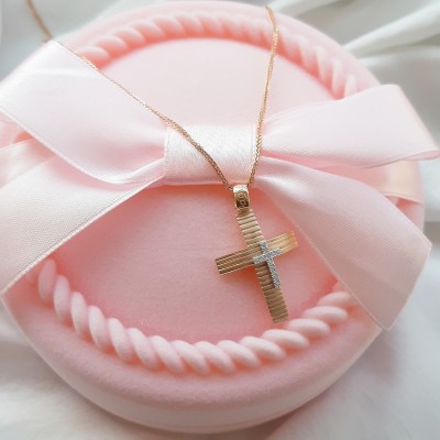 Ροζ χρυσός σταυρός Κ14 με αλυσίδα