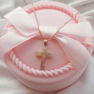 Ροζ χρυσός σταυρός Κ14 με αλυσίδα