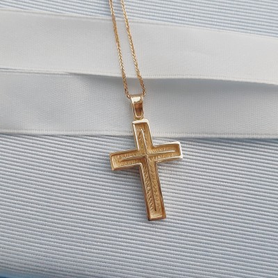 Χρυσός μασίφ βαπτιστικός σταυρός Κ14 με αλυσίδα