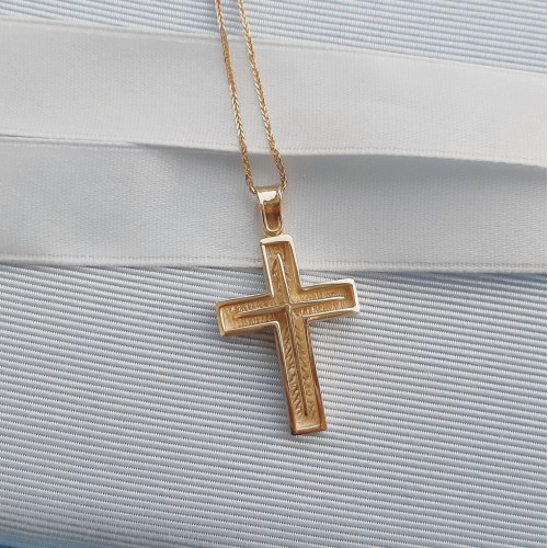 Χρυσός μασίφ βαπτιστικός σταυρός Κ14 με αλυσίδα